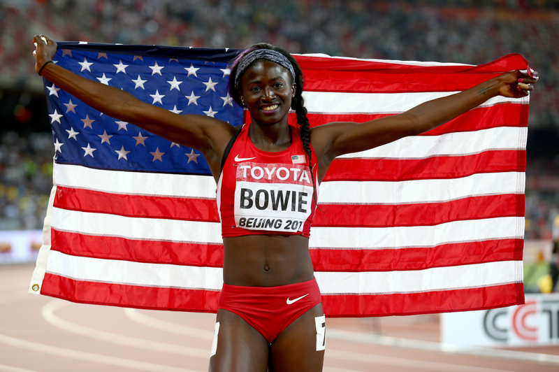 Tori Bowie of the United States celebrates after winning bronze in the Women’s 100 metres final during day three of the 15th IAAF World Athletics Championships Beijing 2015 at Beijing National Stadium on August 24, 2015 in Beijing, China.